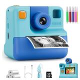 Kids Camera Instant Print, Christmas Birthday Gifts for Girl Boys 3-12 Years Old, FHD Selfie Digital Video Cameras Toddler 3 Rolls Print Paper and 32G Card (Blue)