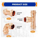 (Znkiok® 6 Pack Set)34\ Copper Propress Fittings Zero Lead,2 Each 34 Inch Press Coupling With Stop,Press 90 Degree Elbow,Press Tee,UPC,NSFANSI 61 Certified.in