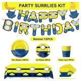 Zorpex Cartoon Mini Jeans Birthday Supplies, Cute Funny Yellow Blue Happy Birthday Tableware for Kid, Party Decoration Supplies with Banner, Tablecloth, Plate, Paper Cup, Napkin