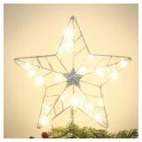YEAHOME Christmas Tree Topper, Silver Glittered Hollow 5-Point Star Tree Topper for Christmas Tree Decorations, Lighted Wire Star with 20 LED Lights for Christmas Treetop, Xmas Tree Topper with Timer