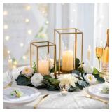 Staymoment Gold Lantern Decorative Indoor: Set of 2 Wedding Lanterns with Hurricane Glass Modern Candle Holder for Table Centerpiece Fireplace Mantles Kitchen