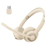 JIAMQISHI Wireless Headset with AI Noise Cancelling Microphone Bluetooth Headset - Bluetooth V5.2 Headphones with USB Dongle and Mic Mute for ComputerLaptopPCiPhoneAndroidCell PhonesZoom-Apricot