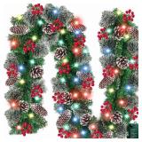 Timer 8 Modes - 9 Ft by 10 Inch Prelit Christmas Garland with 50 Colorful Lights Thick 270 Snowy Branches 10 Pinecone 70 Berry Battery Operated Xmas Decor Mantle Stairs Porch Front Door Indoor Outdoor