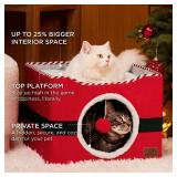 Bedsure Cat Beds for Indoor Cats - Large Cat Cave for Pet Cat House with Fluffy Ball Hanging and Scratch Pad, Foldable Cat Hideaway, 16.5x16.5x13 inches,Red