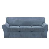 FantasDecor 4 Piece Sofa Velvet Couch Covers for 3 Cushion Stretch Slipcover with Individual Seat Cushion Elastic Furniture Protector for Pets, Machine Washable (Sofa,Stone Blue)