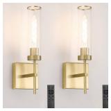Gold Battery Operated Wall Sconce Set of 2, USB Rechargeable Wall Light with Remote Control, Brass Wireless Vanity Light Fixture with Bulbs(DC 5V), Glass Dimmable Sconce for Living Room Mirror Bedroom