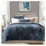 RECYCO Luxury Velvet Quilt Set King Size Bedding Sets, Ultra Soft Velvet Comforter Set, Lightweight Channel Box Stitch Oversized Bedspread Coverlet for All Season, with 2 Shams, Stormy Blue