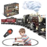 JQ JUQU Remote Control Train Set for Kids Ages 3-12 - Electric Steam Toy Train with Smoke, Lights and Sounds, Battery Operated Model Train with Tracks for Indoor Play and Holiday Decor