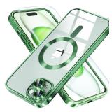 Misea Magnetic for iPhone 15 Case Compatible with MagSafe [Never Yellowing] [Military Grade Drop Protection] Full Camera Lens Protector Plating Soft Clear Phone Case for Women, Green