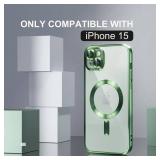 Misea Magnetic for iPhone 15 Case Compatible with MagSafe [Never Yellowing] [Military Grade Drop Protection] Full Camera Lens Protector Plating Soft Clear Phone Case for Women, Green