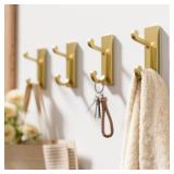 Qiuzido 4 Pack Self Adhesive Wall Hooks for Coats - Stainless Heavy Duty Double Hook for Clothes, Towel, Keys, Purse, Backpack, Bag, Hat, Gold Coat Hook for Door, Bathroom, Bedroom, Holds 13Lbs.