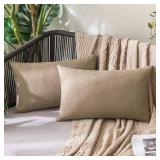 MIULEE Pack of 2 Decorative Outdoor Solid Waterproof Throw Pillow Covers Faux Linen Garden Farmhouse Cushion Cases for Patio Tent Balcony Couch Sofa 20x12 Inch Khaki