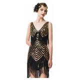BABEYOND Womenfts 1920s Flapper Dress V Neck Slip Dress Roaring 20s Great Gatsby Dress for Party (Black Gold, M)