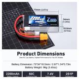 Zeee 2S 2200mAh Shorty Lipo Battery 7.4V 50C RC Battery with XT60 Connector Soft Pack for 116 Slash RC Car RC Truck RC Helicopter Airplane Quadcopter Drone RC Boat Racing Models