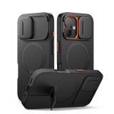 SURITCH for iPhone 16 Case with Magnetic Camera Slide Cover and Adjustable Kickstand, Compatible with MagSafe, Shockproof Bumper Case Slim Protective Cover 6.1 Inch, Black