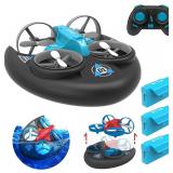 3 In 1 Sea Land and Air 360° Rolling Waterproof RC Drone,AIROKA Four Axis Aircraft High Speed Drift Cars RC Foam Boat Toys,For Beginners and gift to Boys or Girls(bule)