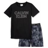 Calvin Klein Kids Boysft Short Sleeve T-Shirt and Shorts Pajama 2-piece Set, Black Tie Dye, Large