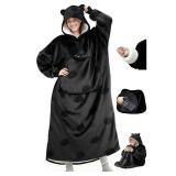Mewaii Wearable Blanket Hoodie for Adults, Soft Flannel and Warm Sherpa, Black Cat Hooded Blanket with Giant Pocket, Extra-Long Knee-Length Sweatshirt for Lounging, Outdoor Walks, Cat Gifts for Women