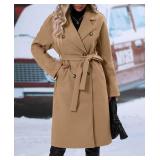 OPCAKM Womenfts Winter Wool Blend Pea Coat Double Breasted Notch Lapel Long Trench Coat(Khaki-M)