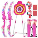 TWFRIC 2 Pack Bow and Arrow for Kids Sports and Outdoor Play Toys Archery Set with LED Light Up 16 Arrows 1 Standing Target 2 Quiver Indoor Outdoors Toy for Age 3-12 Year Old Boy Girl Gift (Pink)
