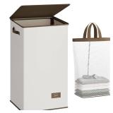 SOLEDI Clothes Hamper with Lid - 100L XL - Large Laundry Basket with Removable Bag, Collapsible Laundry Baskets, Convenient Storage - Hampers for Laundry for Bedroom, Bathroom, Closet, Dorm, Off-White
