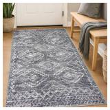 KILOCOCO Boho Entryway Rug 3x5 Area Rug Washable Non Slip Throw Rugs Soft for Kitchen Living Room Dining Bedroom Geometric Moroccan Carpet, Grey