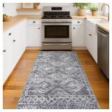 KILOCOCO Boho Entryway Rug 3x5 Area Rug Washable Non Slip Throw Rugs Soft for Kitchen Living Room Dining Bedroom Geometric Moroccan Carpet, Grey