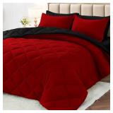 MUXHOMO 7 Pieces Queen Comforter Set, Reversible Bed in a Bag Queen Size, All Season Bedding Set with Comforter, Flat Sheet, Fitted Sheet, Pillowcases and Shams, Red and Black