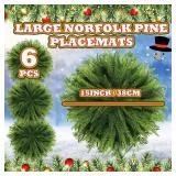 Teenyyou 6 Pcs Christmas Placemats Set 15 Inch Large Greenery Placemats Round Norfolk Pine Place Mats Artificial Xmas Washable Winter Table Decoration for Holiday Party Dining (Norfolk Pine, Green)