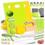 28PCS Toddler Knife Set - Kids Knifes for Real Cooking, Montessori Kids Kitchen Knife Set with Cutting Board Crinkle Cutters Kid Safe Knives, Toddlers Kitchen Tools for Age 2-10 Year Old Girl Boy