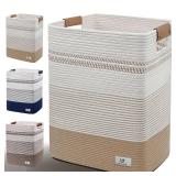 AINUOQI Laundry Hamper Large Laundry Basket with Leather Handles, Decorative Storage Cotton Rope Woven Basket for Blankets, Clothes Hamper for Living Room, Jute and White, 85L