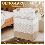 AINUOQI Laundry Hamper Large Laundry Basket with Leather Handles, Decorative Storage Cotton Rope Woven Basket for Blankets, Clothes Hamper for Living Room, Jute and White, 85L