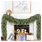 Cedar Christmas Garland with Lights for Mantle - Decorations 9ft Realistic Lighted Faux Pine Garlands for Xmas Home Decoration Indoor Stairs Railing Fireplace Outdoor 9 ft Prelit Garland Door Decor