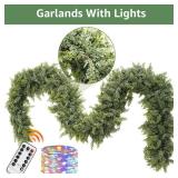 Cedar Christmas Garland with Lights for Mantle - Decorations 9ft Realistic Lighted Faux Pine Garlands for Xmas Home Decoration Indoor Stairs Railing Fireplace Outdoor 9 ft Prelit Garland Door Decor