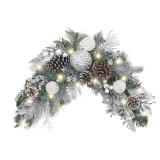 Valery Madelyn Pre-Lit Christmas Swag for Decorating Outdoor, 24 Inch Sliver White Mailbox Swag Decoration Teardrop with 20 LED Lights, Ball Ornaments for Front Door Stairway Window Shelf Xmas Decor