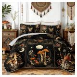 HOSIMA Bohemia King Quilt,Lightweight Mushrooms Flowers Pattern Summer Bedding,Butterfly Print Plaid Patchwork Sun and Moon Boho Floral Bedding for Adult Room Decor with 2 Pillowcases.