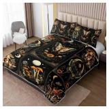 HOSIMA Bohemia King Quilt,Lightweight Mushrooms Flowers Pattern Summer Bedding,Butterfly Print Plaid Patchwork Sun and Moon Boho Floral Bedding for Adult Room Decor with 2 Pillowcases.