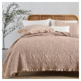 HORIMOTE HOME Pinkish Grey Ruffled Quilt Queen Size, Stone-Washed Lightweight Crinkled Farmhouse Rustic Shabby Chic Bedding Set, 3 Pieces Reversible Bedspread with Pillow Shams for All Season