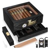 Tesonway Cigar Humidor, Cedar Wood Humidor Cigar Box, Glass Top Desktop Humidor with Front Hygrometer, Humidifier, Divider, Accessories Drawer and Combination Lock, Cigar Gifts for Men (Black)