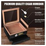Tesonway Cigar Humidor, Cedar Wood Humidor Cigar Box, Glass Top Desktop Humidor with Front Hygrometer, Humidifier, Divider, Accessories Drawer and Combination Lock, Cigar Gifts for Men (Black)