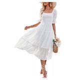 MEROKEETY Womenfts 2023 White Dress Summer Square Neck Puff Sleeve Boho Midi Dress Swiss Dot Ruffle Flowy Tie Back Dress, White, S