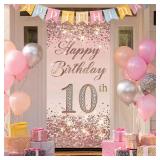 BlissYard 10th Birthday Door Cover 71x35 Inch Rose Gold Glitter Happy Birthday Banner Sparkling Diamond Accent Milestone Decoration for Girls Sweet Ten Celebration Party Photo Booth Prop Wall Decor