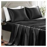 GOLAL Satin Sheets Full Size - 4 Pieces Luxury Silky Soft Bed Sheets, Wrinkle-Free Black Satin Silk Sheet Set with 1 Deep Pocket Fitted Sheet, 1 Flat Sheet, 2 Pillow Cases