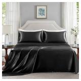 GOLAL Satin Sheets Full Size - 4 Pieces Luxury Silky Soft Bed Sheets, Wrinkle-Free Black Satin Silk Sheet Set with 1 Deep Pocket Fitted Sheet, 1 Flat Sheet, 2 Pillow Cases