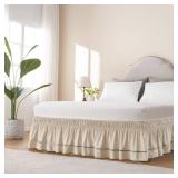 MIYE Wrap Around Ruffled Lace Bed Skirt, Elastic Dust Ruffle with Adjustable Belts, Easy to Put On, Bed Frame Cover, Machine Washable (Ruffled LaceBeige, KingQueen-15 Drop)