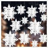 Christmas Hanging Snowflakes Decorations, 12Pcs 3D Paper Snowflake Christmas Decorations, 10ftft Large Snowflakes Ornaments Snow Flakes Garland Hanging for Winter Wonderland Xmas Holiday Party Decor