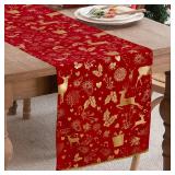WHOMEAF Christmas Red Gold Velvet Table Runner Xmas Luxurious Seasonal Winter Deer Table Decoration Snowflake Merry Box Coffee Table Decor for Home Kitchen Dining Party Holiday Indoor 13x108 Inch