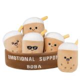 ZENLIV Emotional Support Boba Plush, 5 Cute Squishy Toys Stuffed Animal with Carrying Basket, Funny Cute Cuddly for Boba Lovers Adults, Inspirational Motivational Encouragement Gifts for Women Men