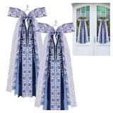 Suncalla 2 Pcs Chinoiserie Ribbon Bow for Wreath Large Blue and White Wreath Sash for Front Door Xmas Tree Topper Bow Ribbons Bundle Assorted Sash for Party Indoor Outdoor Decoration