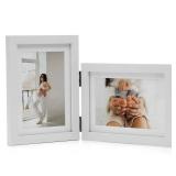 Janreefan Double Vertical and Horizontal Picture Frames Hinged Folding Photo Frames Poster Frames in White Made of Pine Wood with Real Glass for Wall Hanging or Tabletop Standing, Display Pictures 4x6